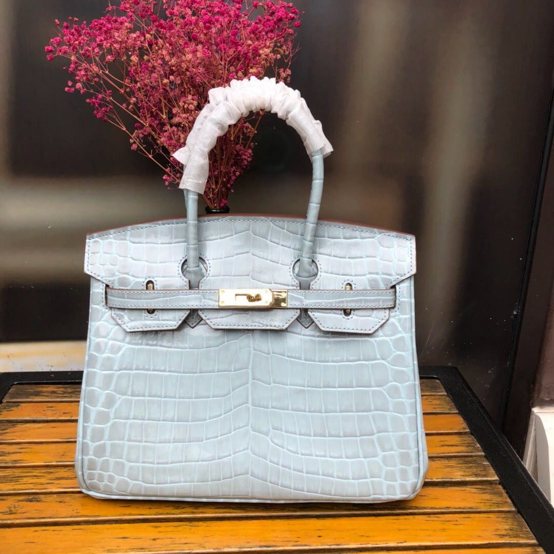 New Trendy Versatile Top Layer Cowhide Crocodile Belly Pattern Birkin Style Large Tote Handbag for Women