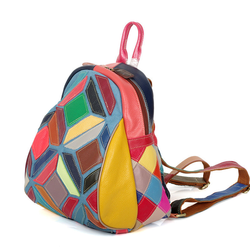 Genuine Leather Multicolor Color Block Geometric Backpack for Women, Handmade Casual Daypack, Trendy Travel Shoulder Bag for Ladies