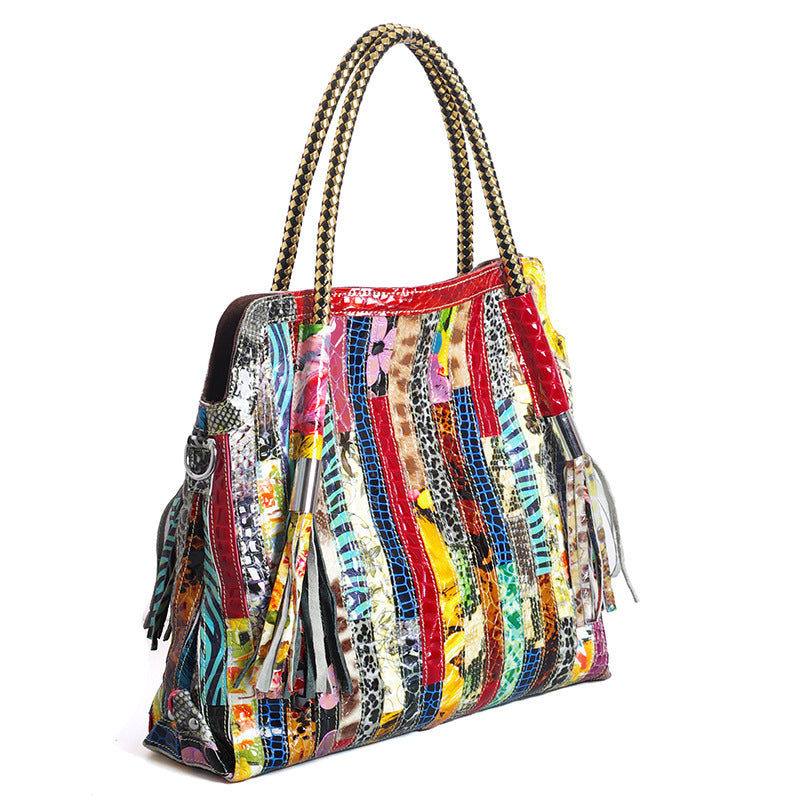 Genuine Leather Snakeskin Colorful Stripe Handbag for Women, European Style Top Handle Crossbody Commute Purse, Light Luxury Designer Bag for Ladies