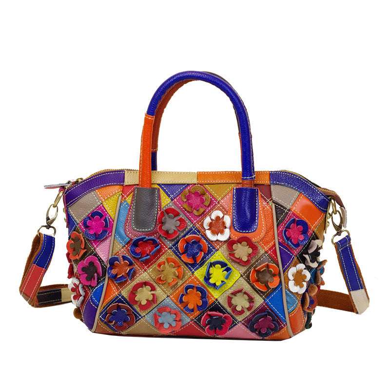 Genuine Leather Women's Floral Handbag, Niche Designer Artisan Flower Tote Purse, Trendy Top Handle Crossbody Bag for Ladies