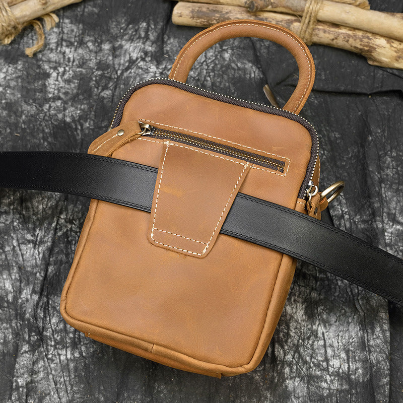 Crazy Horse Leather Multifunctional 3-in-1 Bag, Waist Shoulder Crossbody Pouch, Outdoor Sports Phone Holder for Men