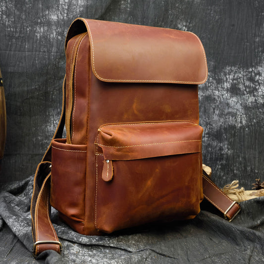 14-Inch Vintage Crazy Horse Leather Backpack, Top Layer Cowhide Travel School Bag, Durable Rucksack for Men and Students