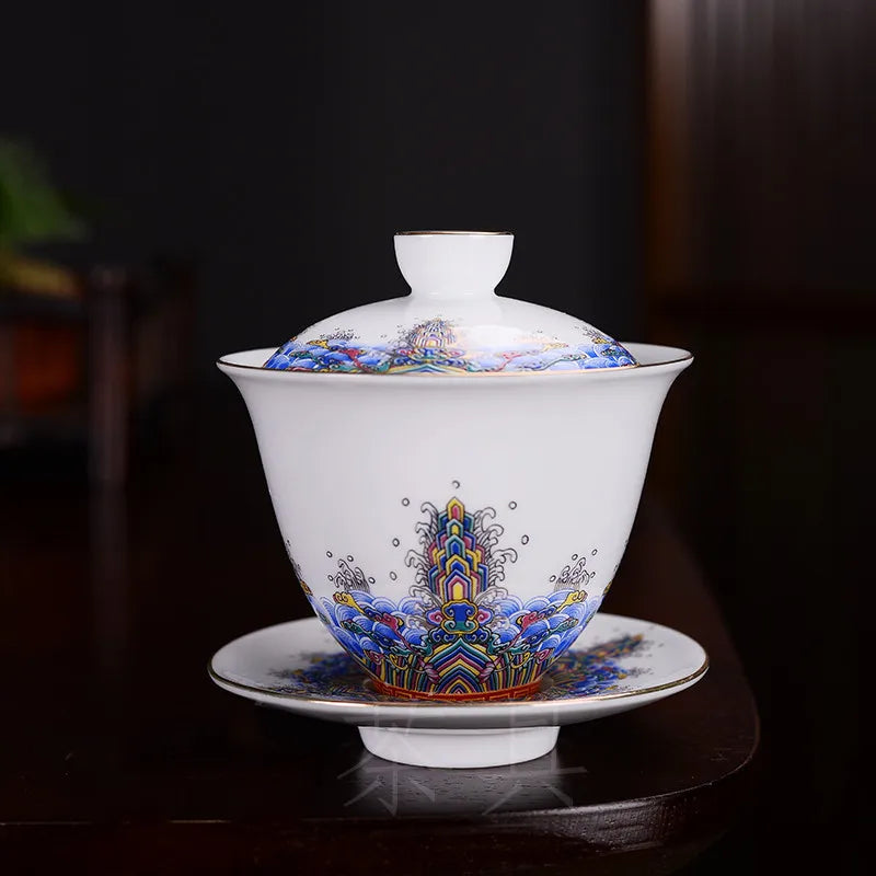 150ml Jingdezhen Ceramic Gaiwan Exquisite Enamel Color Tea Set Chinese Tea Cup with Cover Home Tea Infuser Custom Teaware Gifts