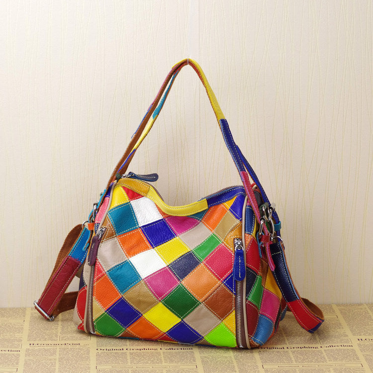 Premium Genuine Leather Colorful Patchwork Bag for Women | Trendy Scrap Leather Paneled Top-Handle Shoulder Handbag with Unique Artistic Design | Fashionable Casual Purse for Work, Errands & Everyday Chic | One-of-a-Kind Statement Accessory with Vibr