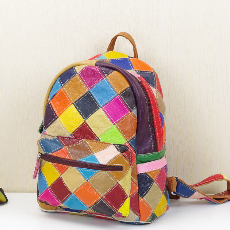 Genuine Top Layer Cowhide Colorful Color Block Backpack for Women, New Arrival Handmade Casual Travel Daypack, Designer Leather Bag for Ladies