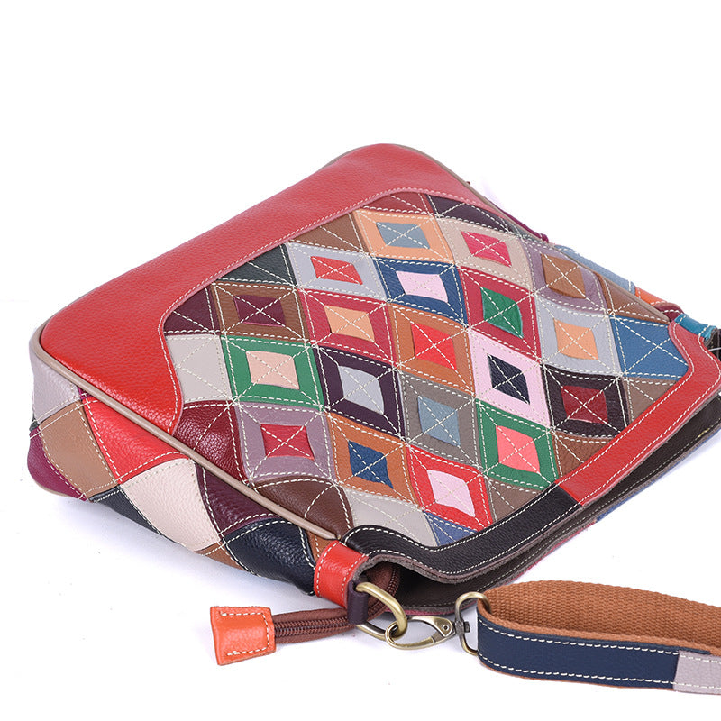 Genuine Top Layer Cowhide Color Block Plaid Shoulder Crossbody Bag for Women, Fashionable Trendy Handbag, Versatile Everyday Purse for Ladies
