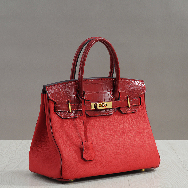 Genuine Top Layer Cowhide Patchwork Birkin-Style Bag for Women, New Casual Fashion Pebbled & Crocodile-Embossed Large Capacity Top Handle Handbag, Trendy Purse for Ladies