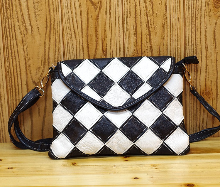 Premium Top-Layer Cowhide Leather Small Bag for Women | New Niche Designer Multi-Color Plaid Cross-Body Shoulder Handbag with Unique Artistic Style | Trendy Compact Purse for Everyday Chic, Travel & Casual Outings | Statement Accessory with Vibrant P