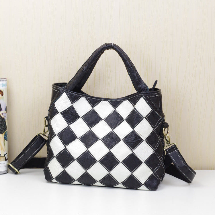 Premium Top-Layer Cowhide Leather Quilted Tote for Women | Ethnic-Inspired Color-Block Handbag with Unique Artistic Flair | Versatile Shoulder Top-Handle Bag with Trendy Bohemian Style | Statement Everyday Carryall with Vibrant Contrast Stitching & S