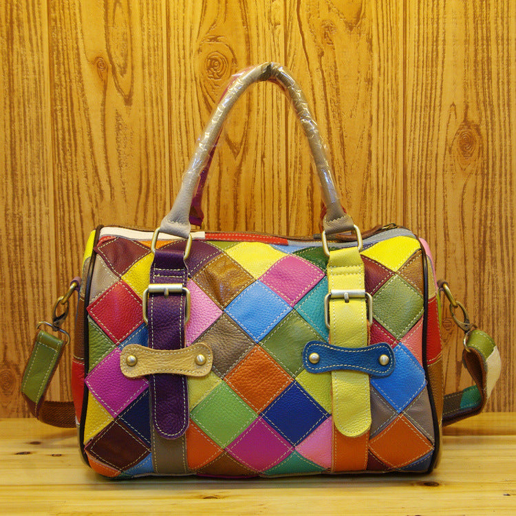 Genuine Cowhide Colorful Color Block Patchwork Handbag for Women, Shoulder Crossbody Top Handle Purse, Trendy Casual Bag for Ladies