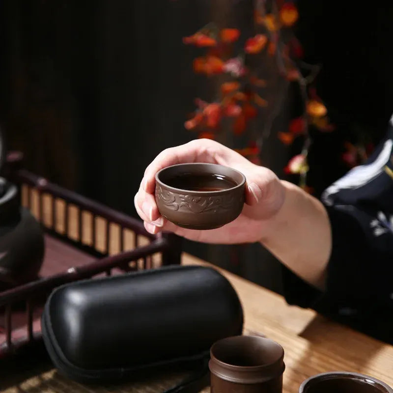 4Pcs Purple Clay Tea Cups 1Piece Teapot & Tea Filter All in A Portable Bag Chinese Tea Culture KungFu Tea Set Travel Tea Bag
