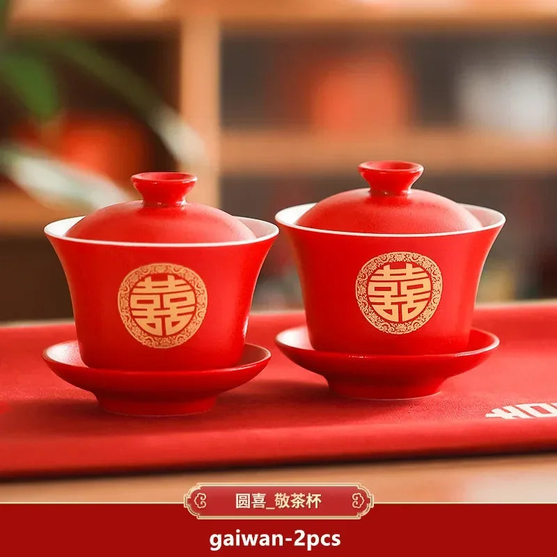 2pcs Chinese Wedding Tea Set Red Ceramic Gaiwan Teapot High Quality Porcelain with Cover Teacup Portable Tea Maker Home Teaware