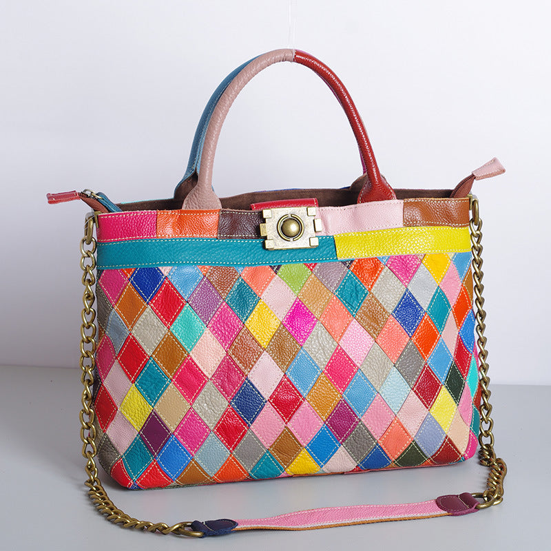 Genuine Leather Multicolor Patchwork Handbag for Women, Diamond Quilted Color Block Chain Top Handle Shoulder Purse, Handmade Trendy Bag for Ladies