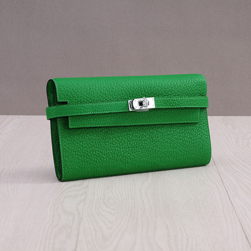 Genuine Top Layer Cowhide Long Wallet for Women, New Minimalist Pebbled Leather Clutch Purse, Fashionable Birkin-Kelly Style Handbag for Ladies