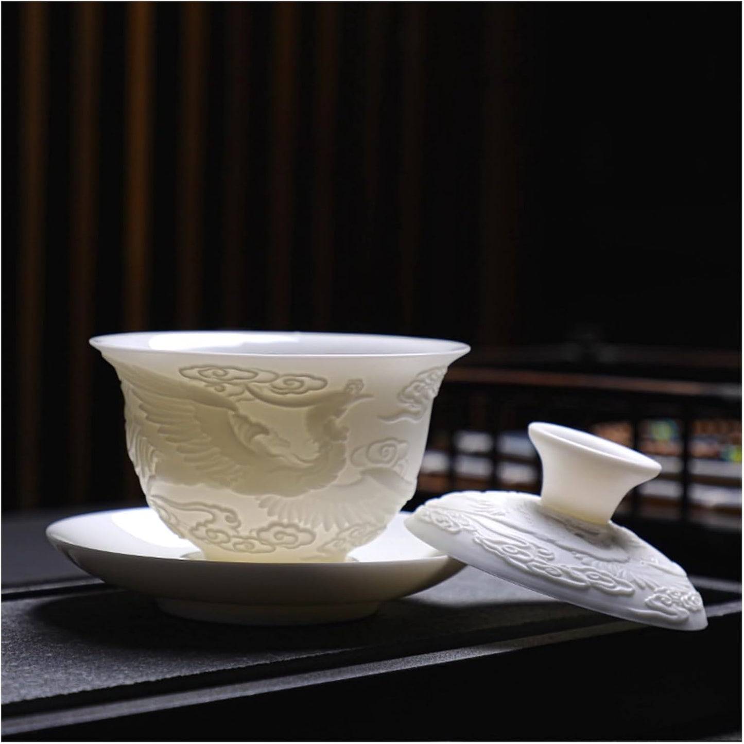 Chinese/Japanese Tea Set Ceramics Gaiwan 150ml relief dragon and phoenix pattern kung fu tea maker drinkware tea set tea bowls set Portable Teapot Set Tea Gift set (Size : Embossed Dragon)