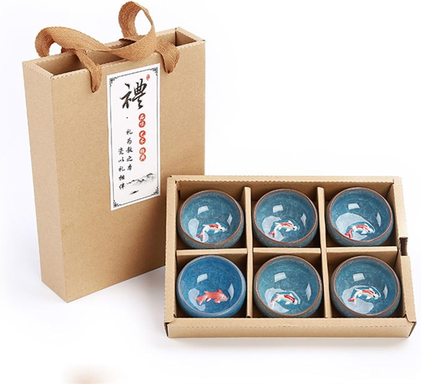 HMLTD Chinese/Japanese Tea Set Gift Package 6pcs 3D Golden Fish China tea cup set,Kung Fu Tea Set Crackle Glaze Travel Tea Bowl Chinese Teacup Sets Portable Teapot Set Tea Gift set (Size : C)
