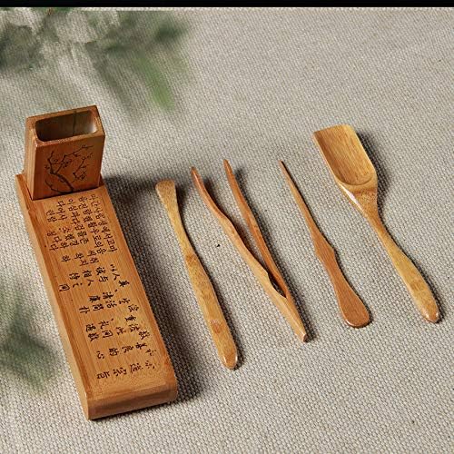 Chinese Foldable Cha Dao Set Bamboo Gongfu Tea Utensils 5 Pieces, Bamboo Kungfu Teaware Tea Needle Tea Spoon Tea Scoop Tea Clip Folding Tool Box Set