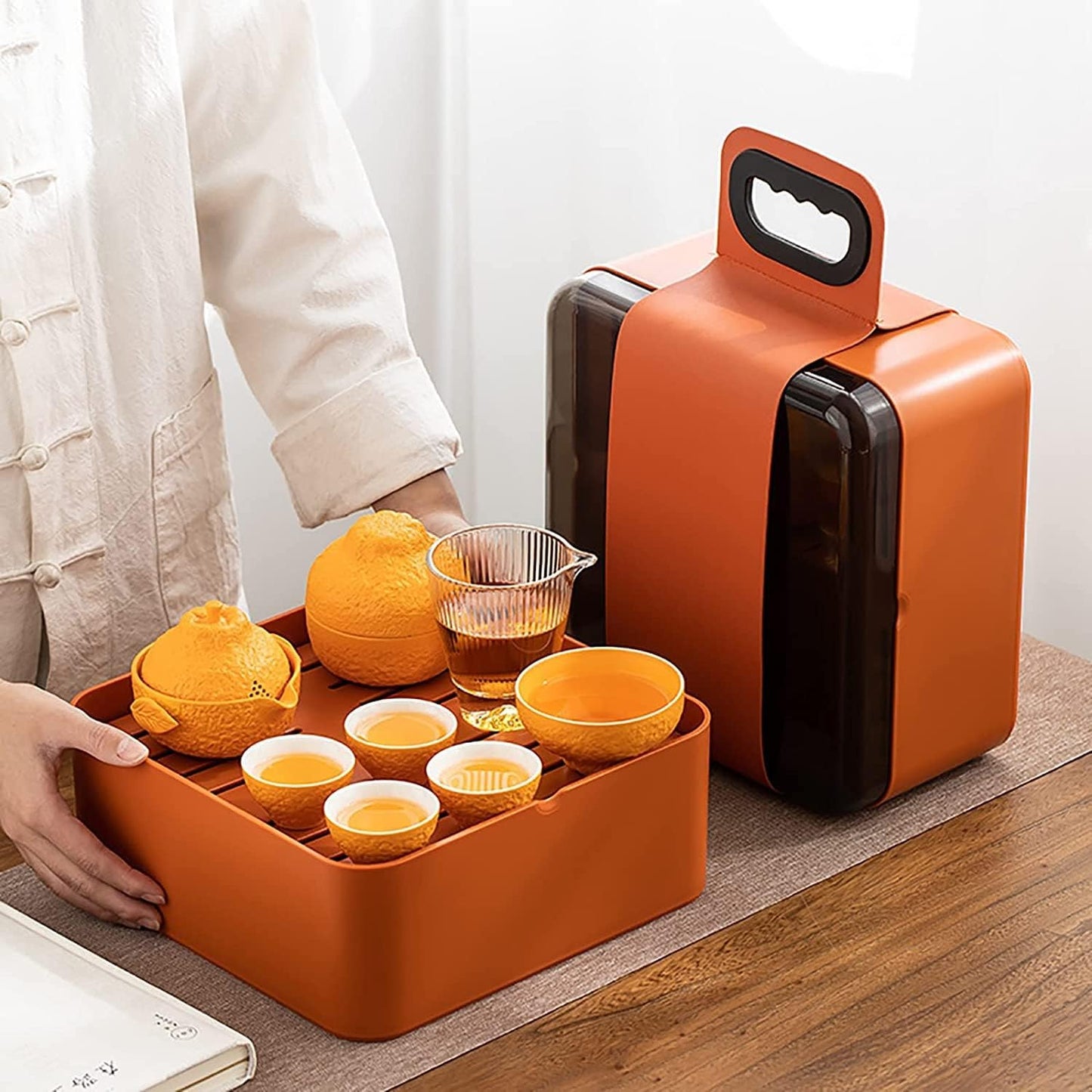 HSHTTKL Upgraded Handmade Tea Set Travel Kung Fu Tea Cup Orange Styling Organized Portable Teapot Set Porcelain Ceramic Tea Set Gift Tea Cup