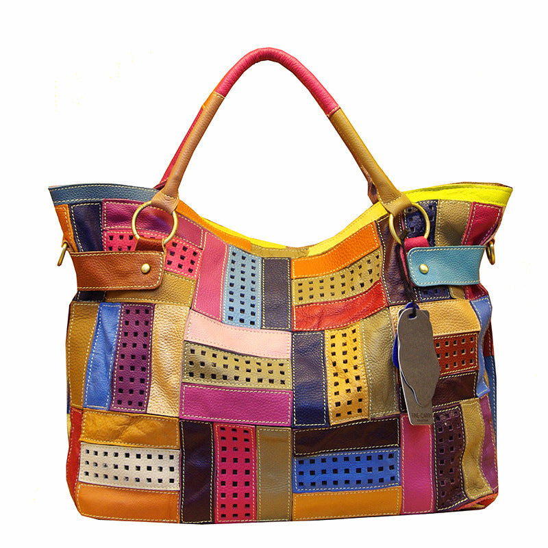 Genuine Top Layer Cowhide Color Block Patchwork Tote Bag for Women, New Arrival Unique Design Large Capacity Top Handle Crossbody Handbag, Trendy Casual Purse for Ladies