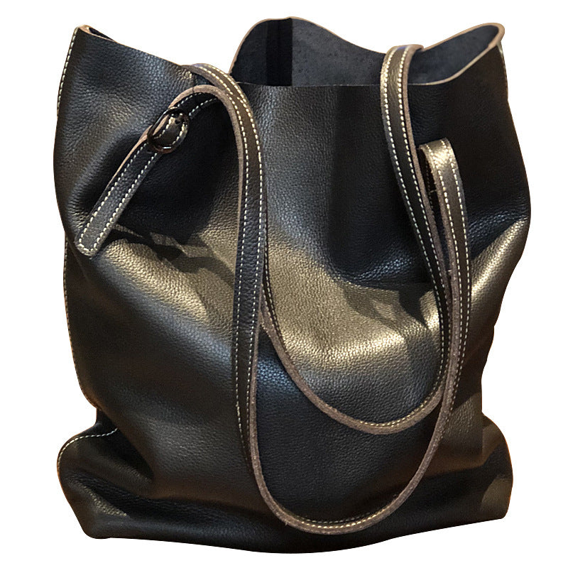Genuine Top Layer Cowhide Tote Bag for Women, New Japanese-Korean Minimalist Large Capacity Shoulder Top Handle Handbag, Versatile Everyday Purse for Ladies