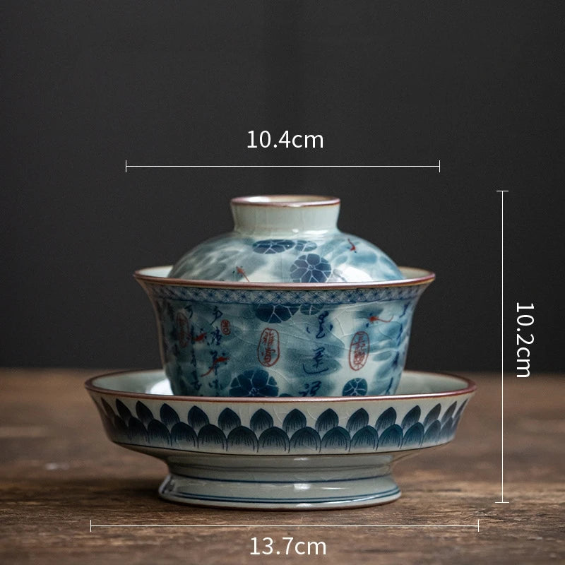 Antique Full Flowers Ceramic Opening Gaiwan For Tea Blue Tureen Teaware Set Chinese Tea Bowl Chawan Tea Cup