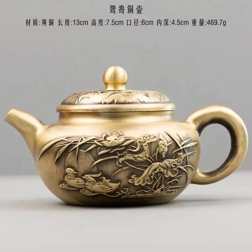 Brass Float Carved Flower Tea Pot Water Pot Chinese Tea Pot Crafts Tea Ceremony Set