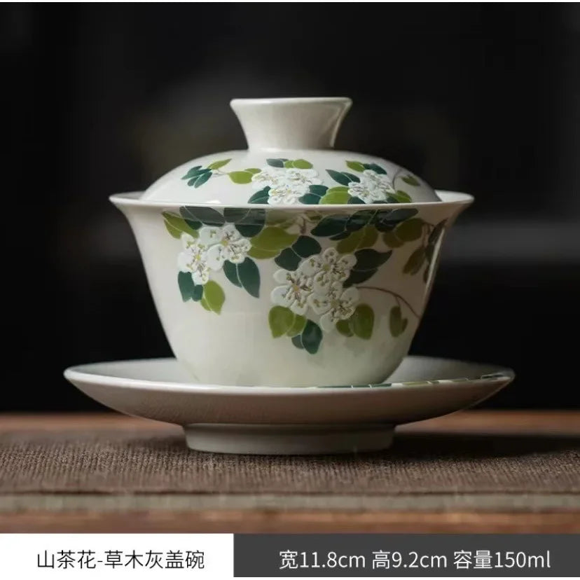 Ceramic Sancai Gaiwan Handmade Tea Tureen Chinese Teacup Hand-painted Flowers Tea Bowl Cups Porcelain Tea Accessories