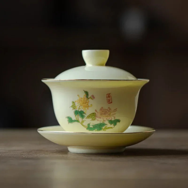 Chinese Porcelain Gaiwan Handmade Flowers Teacup Sancai Tea Tureen Tea Set Tea Accessories Ceramic Travel Tea Bowl Cups