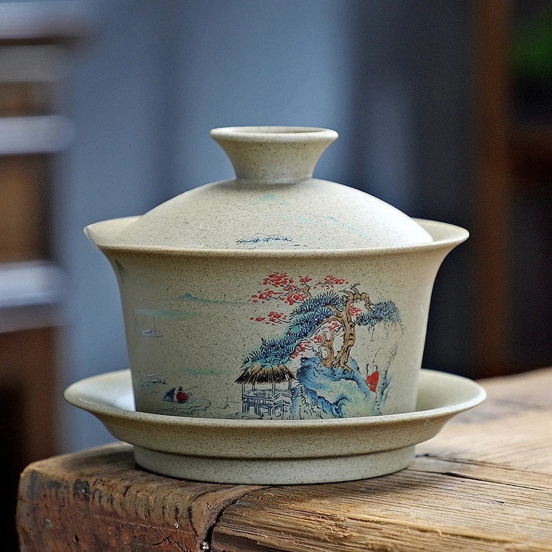 Chinese Purple Clay Gaiwan Handmade Pottery San Cai Gaiwan Kung Fu Teaware Tea Bowls Creative Tea Tureen Tea Cups Set