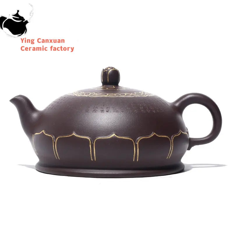Chinese teapot Yixing purple clay teapot raw ore purple clay handmade 24K gold Buddha lotus teapot Kung Fu tea set Yixing teapot