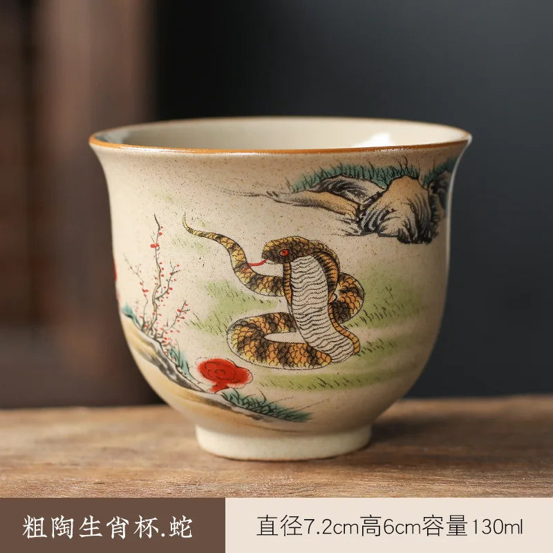 Crude Pottery Tea Set Twelve Zodiac Tea Cup Winebowl Retro Chinese Kung Fu Tea Set Tea Cup Large Handpainted Tea Bowl Teacup Set