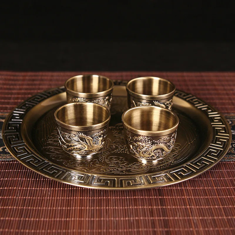 High-grade Bronze Dragon and Phoenix Tea Set Household Full Set of Tea Set 1 Teapot 4 Tea Cups 1 Tray
