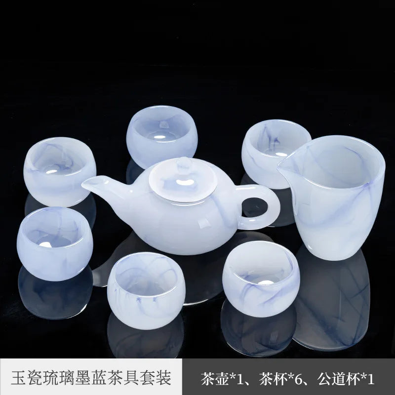 Jade Porcelain Tea Set Colored Glaze Teapot Gaiwan Pitcher Kung Fu Tea Cup White Jade Glass Office Tea Making Device