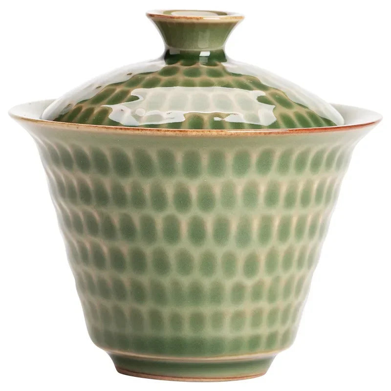 Japanese Style Uneven Green Gaiwan For Tea Porcelain Tureen Teaware Set Tea Bowl Chawan Tea Cup