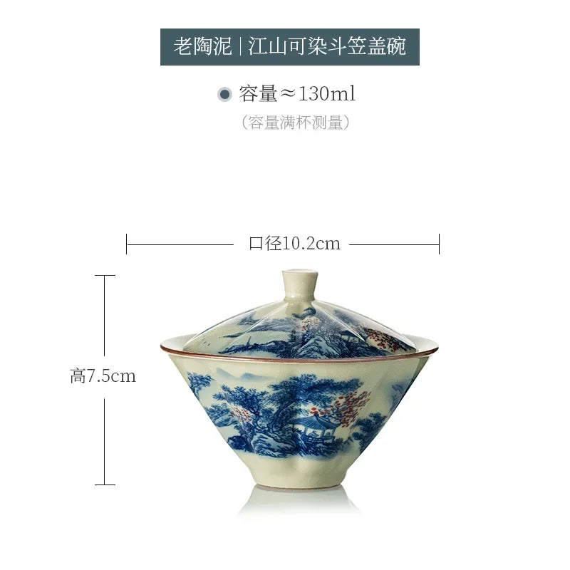 Jingdezhen Tea Tureen Pottery Gaiwan On-glazed High Grade Ceramic Tea Cup Elegant Gongfu Teaware Authentic Retro Teacups