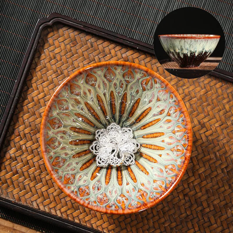 Kiln Change Tea Cup Tianmu Glaze Jianzhan Inlaid Silver Tea Cup Ceramic Teacup Master Cup Chinese Kung Fu Tea Set Tea Bowl
