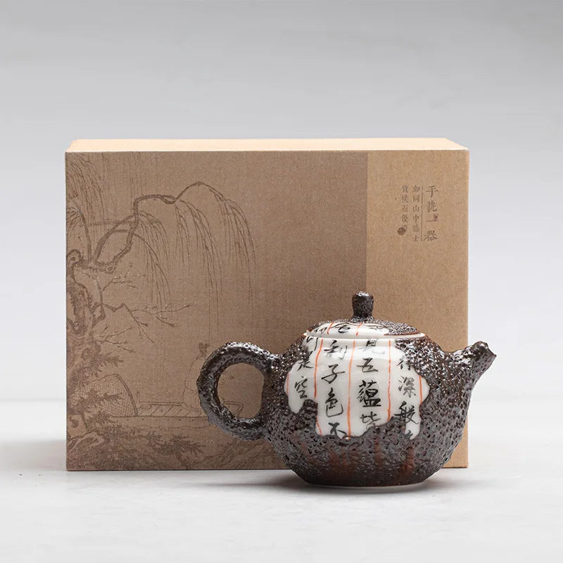 Master Handmade Firewood Tea Set Literati Pot Heart Sutra Fragmented Ceramic Hand-held Teapot Teapots for Infusions Teaware Bar