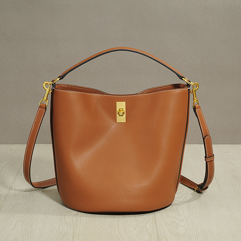 Spring Summer New Cowhide Leather Bucket Bag Large Capacity Shoulder Crossbody Handbag Casual Versatile Tote