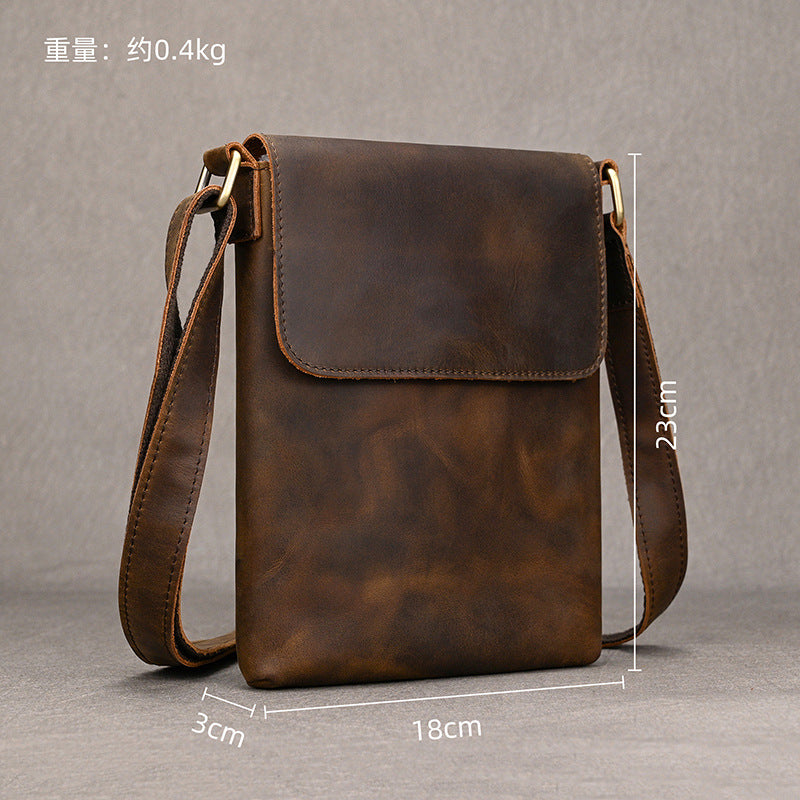 Genuine Top Layer Cowhide Small Square Bag for Men, Lightweight Casual Crossbody Shoulder Purse, Outdoor Phone Umbrella Pouch for Gentlemen