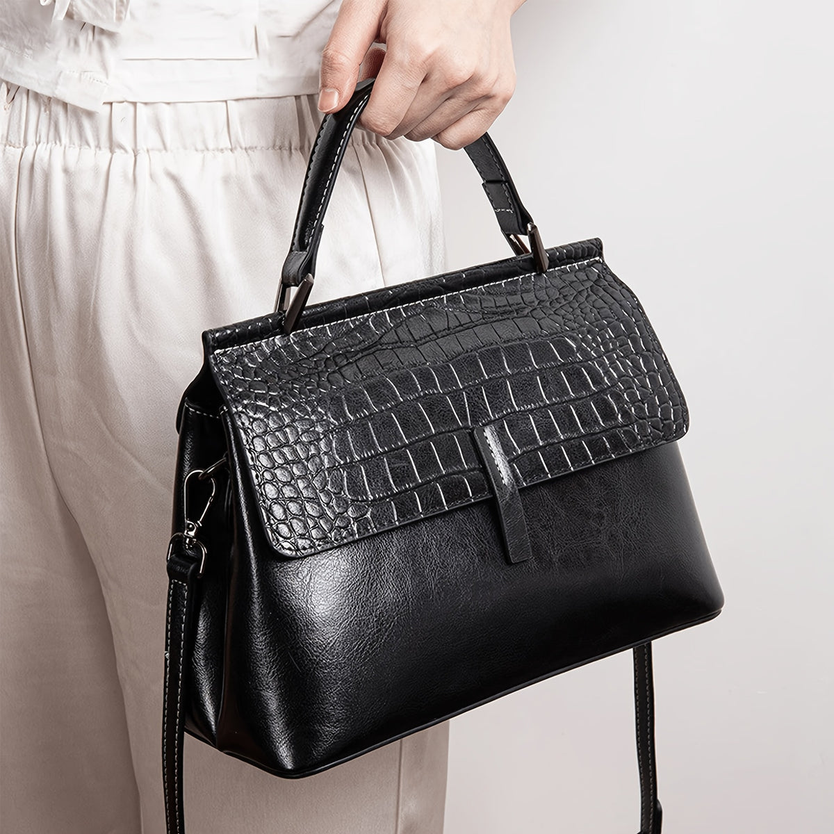 Genuine Waxed Cowhide Crocodile-Embossed Crossbody Bag for Women, New Versatile Shoulder Top Handle Purse, Fashionable Everyday Handbag for Ladies