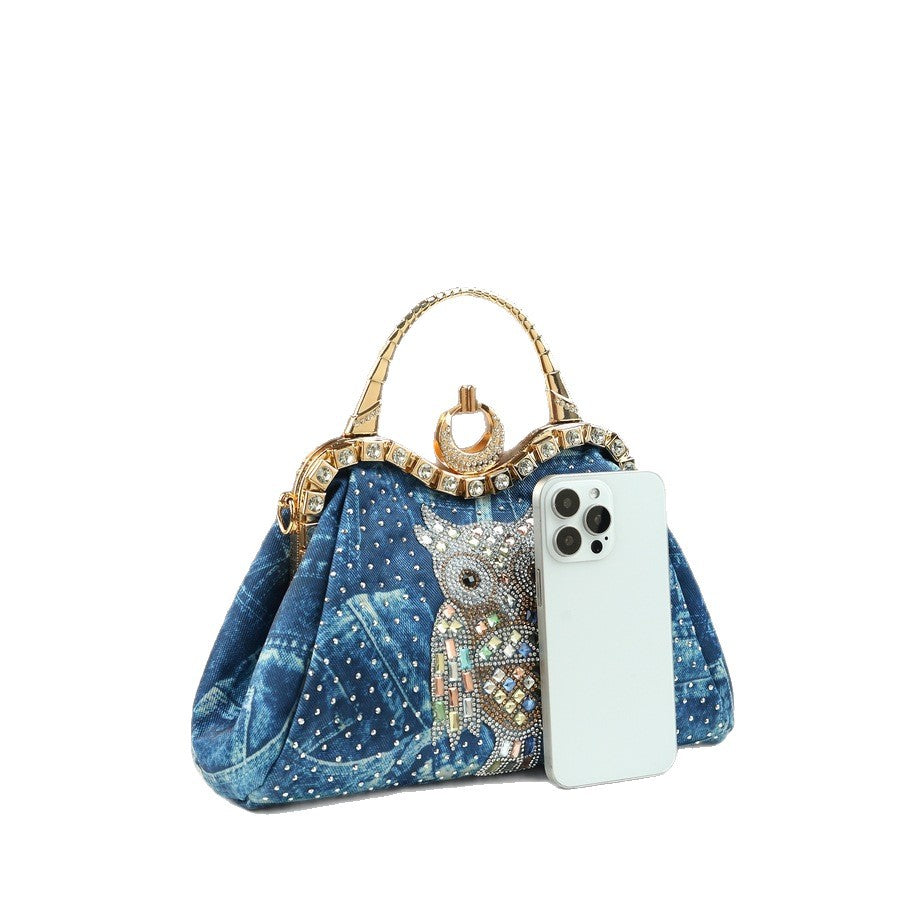 Denim Rhinestone Dumpling Bag for Women with Owl Crystal Design, Elegant Shoulder Handbag with Premium Embellished Style