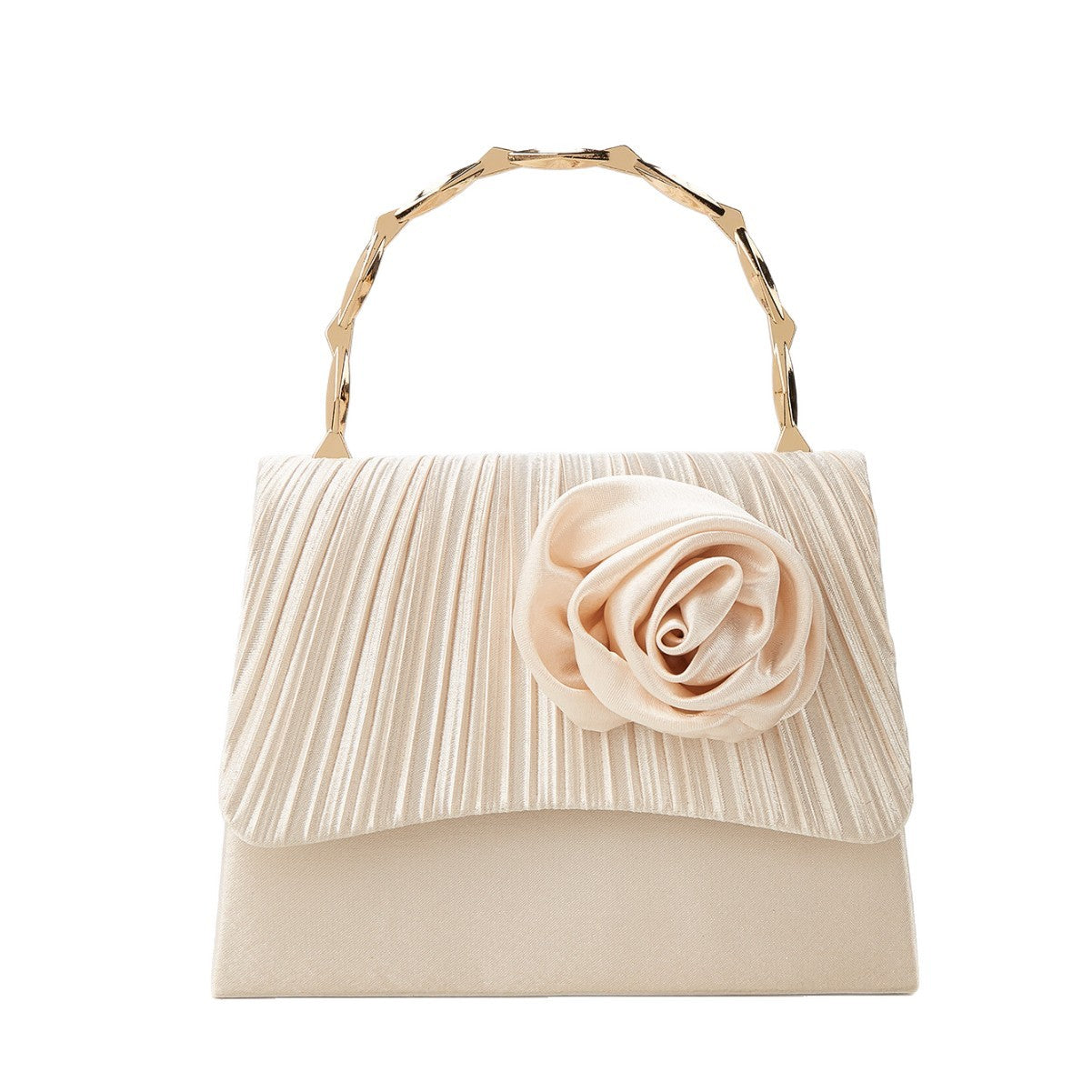 French Style Light Luxury Evening Clutch for Women, New Pleated Satin Floral Gold Bamboo Handle Top Handle Bag, Elegant Gown Party Purse for Ladies