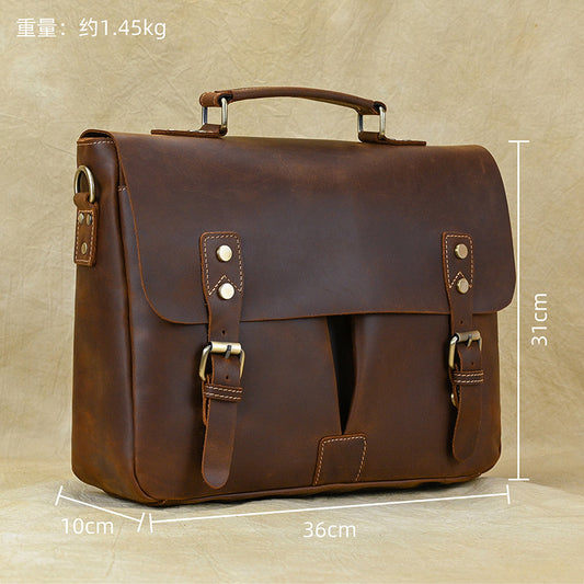14-Inch Vintage Crazy Horse Leather Laptop Briefcase, Top Handle Shoulder Crossbody Commute Bag, Premium Cowhide Work Bag for Men