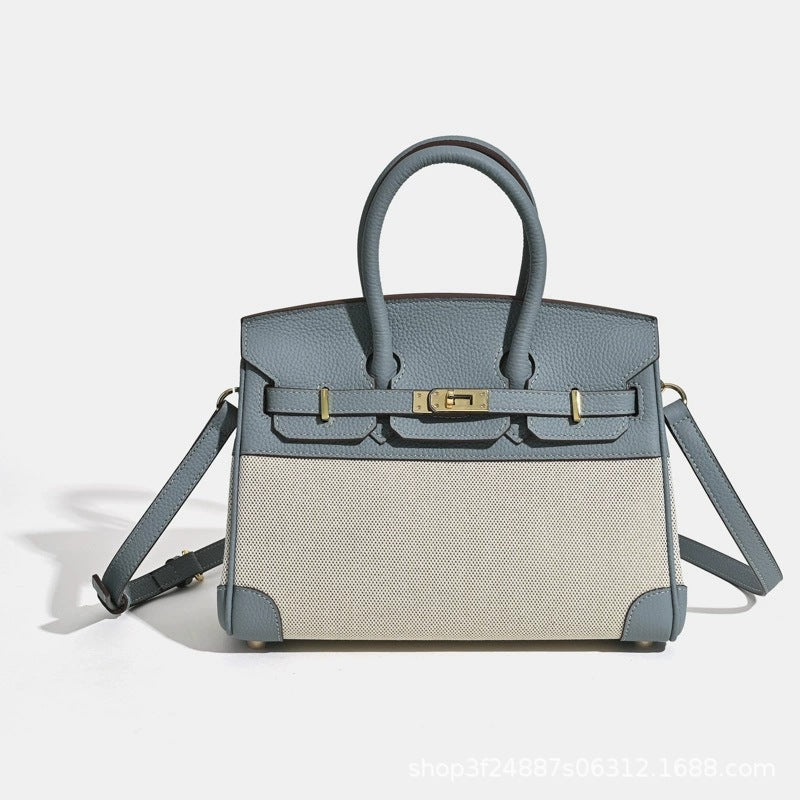 Chic Minimalist Canvas & Leather Birkin-Inspired Tote Bag for Women, Casual Bucket Handbag with Spliced Design, Versatile Top-Handle Shoulder Purse for Everyday Style
