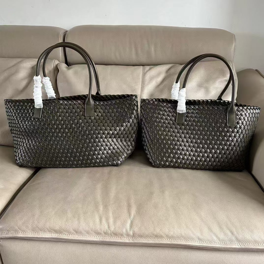 Premium Genuine Leather Woven Basket Tote Bag for Women | New Large-Capacity 2-in-1 Tote with Detachable Matching Pouch | Niche Designer Shoulder Handbag with Unique Artisan Woven Detail | Trendy Spacious Carryall for Work, Errands, Travel & Everyday