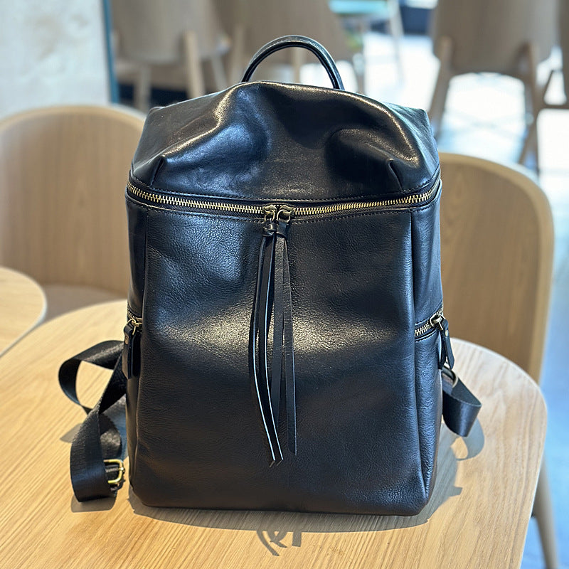 Genuine Top Layer Vegetable-Tanned Cowhide Backpack for Women, Vintage Minimalist School Travel Daypack, Large Capacity Leather Bag for Ladies