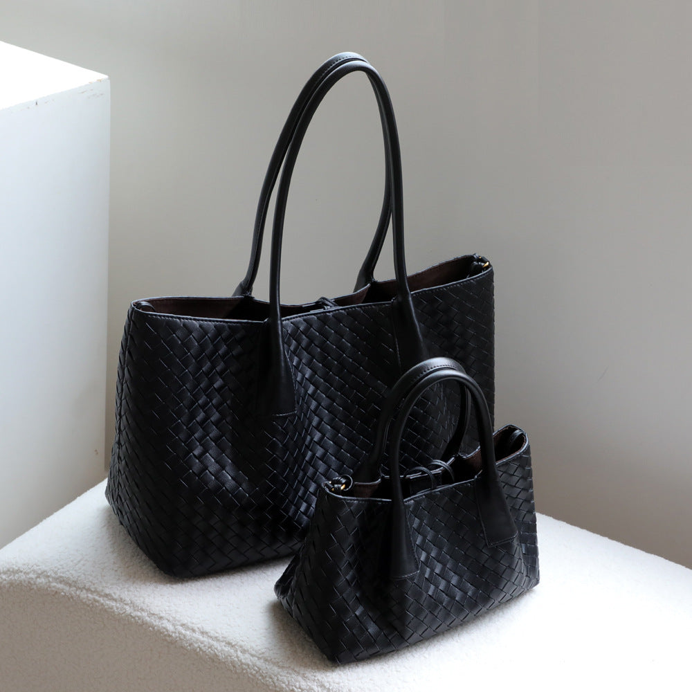 French Style Handwoven Cowhide Tote Bag for Women Premium Genuine Leather Shoulder Crossbody Handbag, Versatile Casual Purse with Artisan Craftsmanship