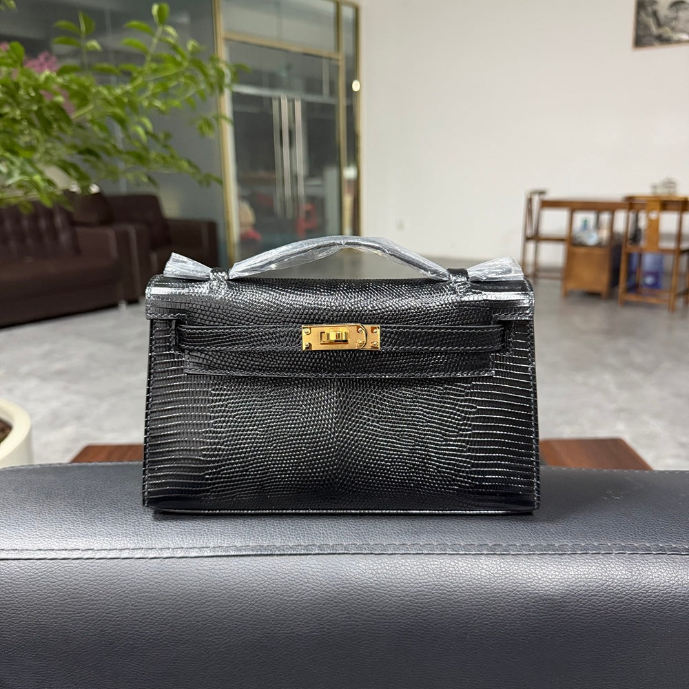 Genuine Top Layer Cowhide Lizard-Embossed Kelly-Style 22cm Bag for Women, Hand-Stitched Waxed Thread with Hand-Hammered Hardware, Lambskin Lining Square Purse with Full Steel Hardware for Ladies