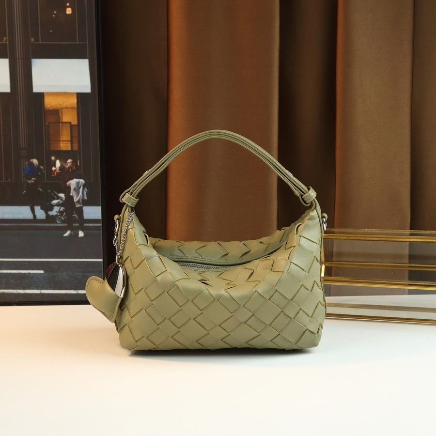 Genuine Leather Woven Bento Bag for Women Lunch Box Shoulder Underarm Handbag, Quilted Picnic Style Purse with Artisan Texture