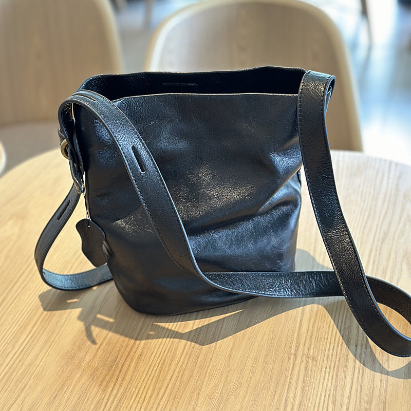 Genuine Top Layer Cowhide Bucket Bag for Women, New Korean Style Vintage Casual Shoulder Crossbody Underarm Purse, Versatile Everyday Handbag for Ladies